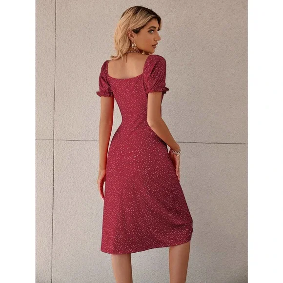 Polka Dot Puff Sleeve Tie Front Ruched Bust Slit Hem midi Dress red - Picture 2 of 11